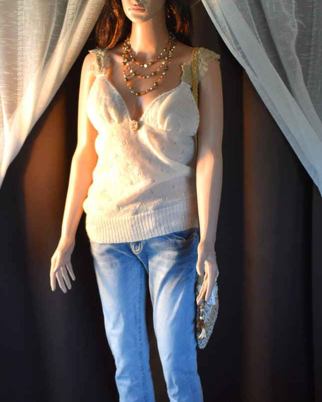 Rare New Milan Designer Barbara Brignone Italian Boho Sultry & Alluring Silk & Mohair Camisole Sweater Top