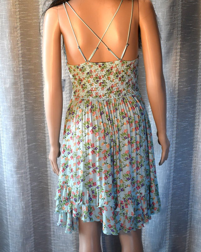 New Free People Intimately Sky Blue Floral Mini Slip Adella Sundress with Adjustable Spaghetti Straps
