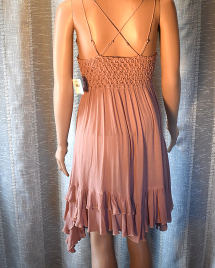 New Intimately Free People Adella Rose Mini Slip Dress with Adjustable Straps, Ruffles, Boho Lace and Smocked Back