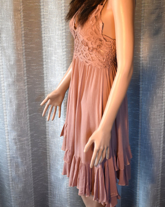 New Intimately Free People Adella Rose Mini Slip Dress with Adjustable Straps, Ruffles, Boho Lace and Smocked Back