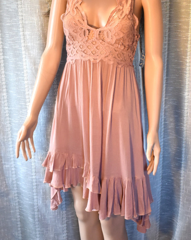New Intimately Free People Adella Rose Mini Slip Dress with Adjustable Straps, Ruffles, Boho Lace and Smocked Back