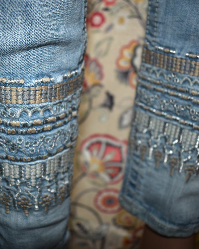 Miss Me Signature Cuffed Skinny Light Washed Rhinestone Embellished Jeans with Tan & White Embroidery