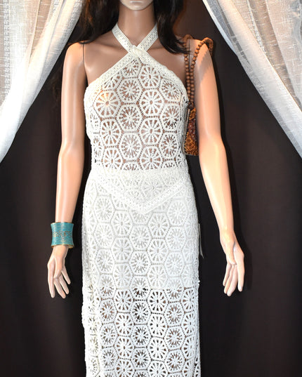 New Amylynn Tuscany Crochet Lace Boho Cut Out Back Sheer Bust Halter Midaxi Dress