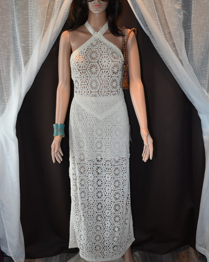 New Amylynn Tuscany Crochet Lace Boho Cut Out Back Sheer Bust Halter Midaxi Dress