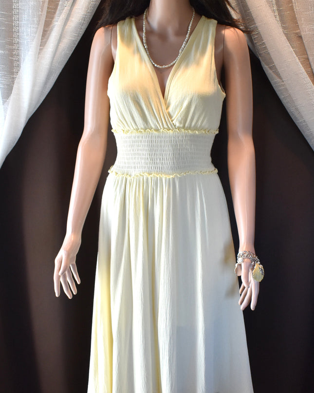 Justify Yellow Surplice Neckline Shirred Waist Sleeveless Maxi Sundress with Ruffles and Eyelet Hem