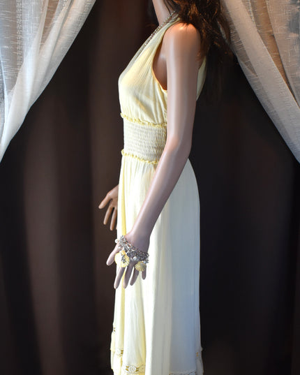 Justify Yellow Surplice Neckline Shirred Waist Sleeveless Maxi Sundress with Ruffles and Eyelet Hem