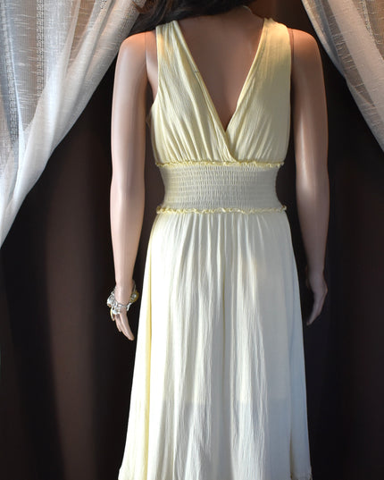 Justify Yellow Surplice Neckline Shirred Waist Sleeveless Maxi Sundress with Ruffles and Eyelet Hem