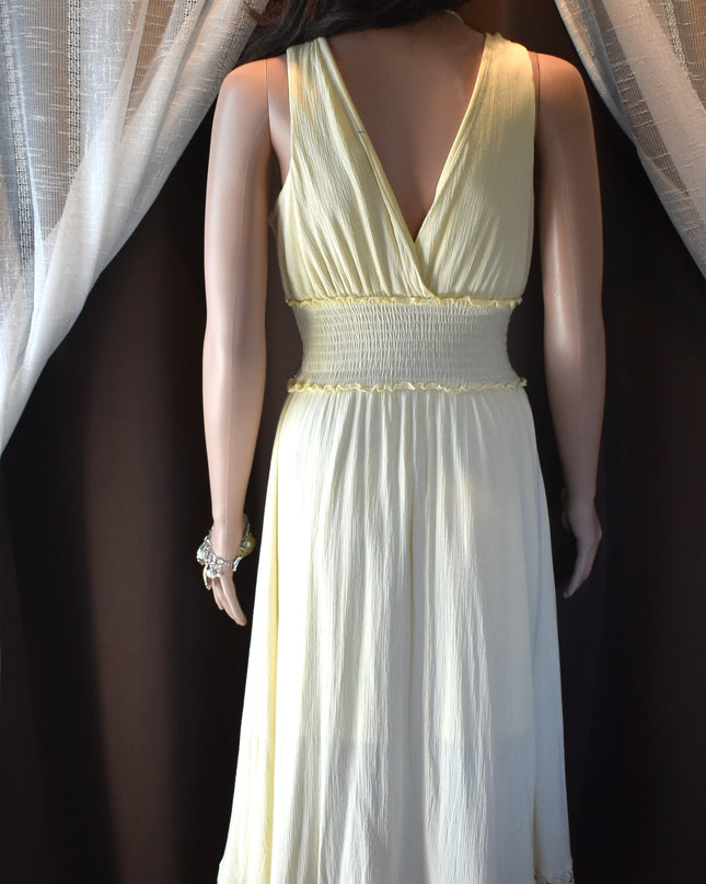 Justify Yellow Surplice Neckline Shirred Waist Sleeveless Maxi Sundress with Ruffles and Eyelet Hem