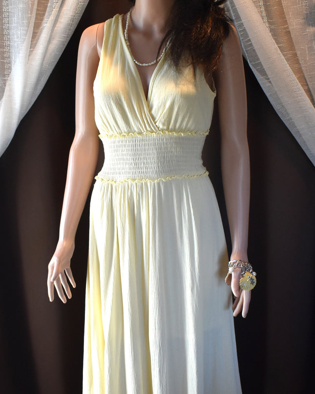 Justify Yellow Surplice Neckline Shirred Waist Sleeveless Maxi Sundress with Ruffles and Eyelet Hem