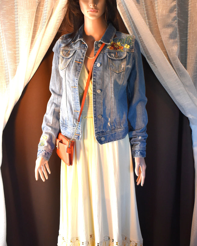 Vintage Y2k Hollister Distressed Cali Embroidered Cropped Denim Jacket with Sequins and Beads