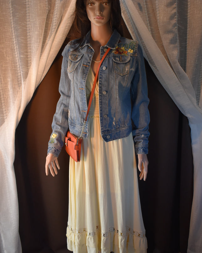 Vintage Y2k Hollister Distressed Cali Embroidered Cropped Denim Jacket with Sequins and Beads