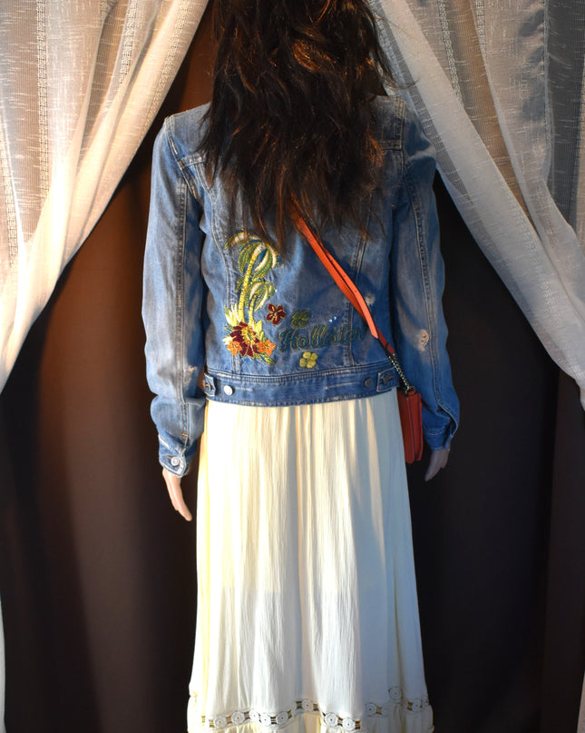 Vintage Y2k Hollister Distressed Cali Embroidered Cropped Denim Jacket with Sequins and Beads