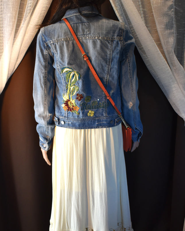 Vintage Y2k Hollister Distressed Cali Embroidered Cropped Denim Jacket with Sequins and Beads