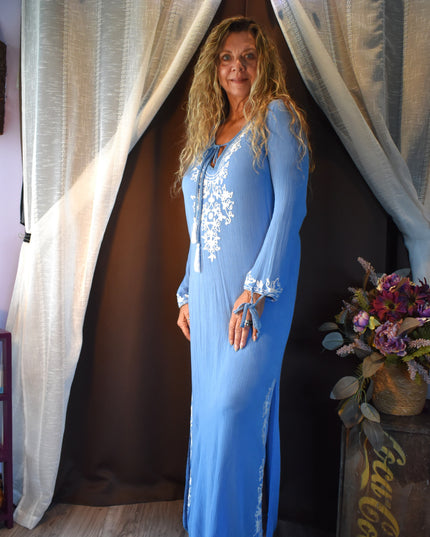 New Size L Mallow/Malibu Blue Rise & Bloom Boho Solid Blue with White Embroidery Maxi Kaftan with Side Slits, & Long Sleeves that Tie on the Ends