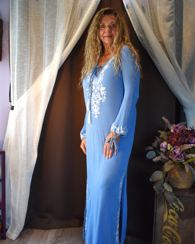 New Size L Mallow/Malibu Blue Rise & Bloom Boho Solid Blue with White Embroidery Maxi Kaftan with Side Slits, & Long Sleeves that Tie on the Ends