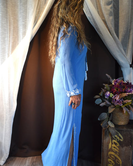 New Size M Mallow/Malibu Blue Rise & Bloom Boho Solid Blue with White Embroidery Maxi Kaftan with Side Slits, & Long Sleeves that Tie on the Ends