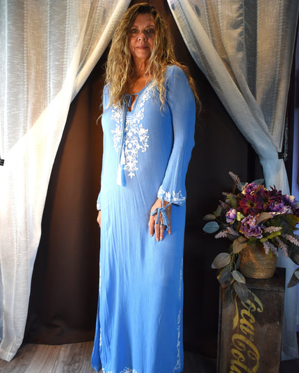 New Size M Mallow/Malibu Blue Rise & Bloom Boho Solid Blue with White Embroidery Maxi Kaftan with Side Slits, & Long Sleeves that Tie on the Ends