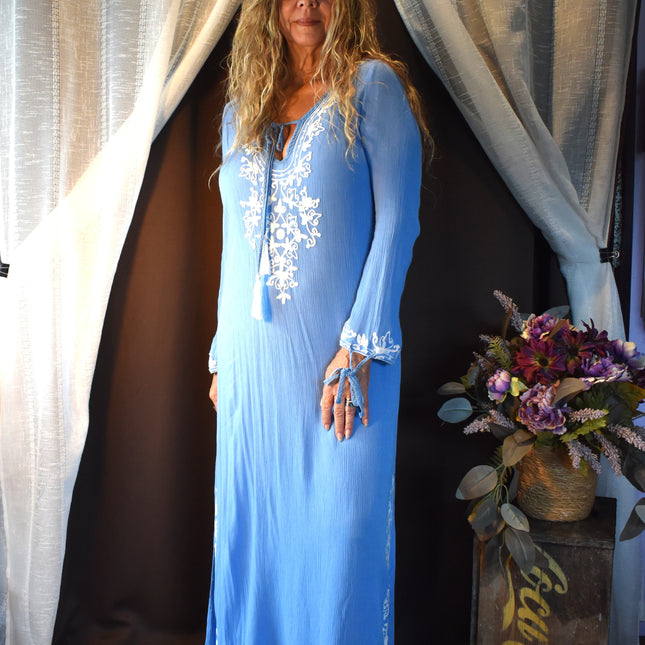 New Size M Mallow/Malibu Blue Rise & Bloom Boho Solid Blue with White Embroidery Maxi Kaftan with Side Slits, & Long Sleeves that Tie on the Ends
