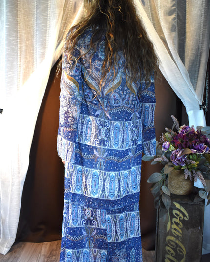 New Cia Couture Sheer Boho Patchwork Paisley Print Tie Front Maxi Duster with Long Sleeves