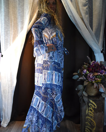 New Cia Couture Sheer Boho Patchwork Paisley Print Tie Front Maxi Duster with Long Sleeves
