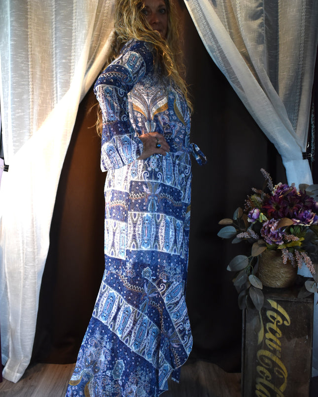 New Cia Couture Sheer Boho Patchwork Paisley Print Tie Front Maxi Duster with Long Sleeves