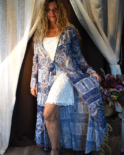 New Cia Couture Sheer Boho Patchwork Paisley Print Tie Front Maxi Duster with Long Sleeves
