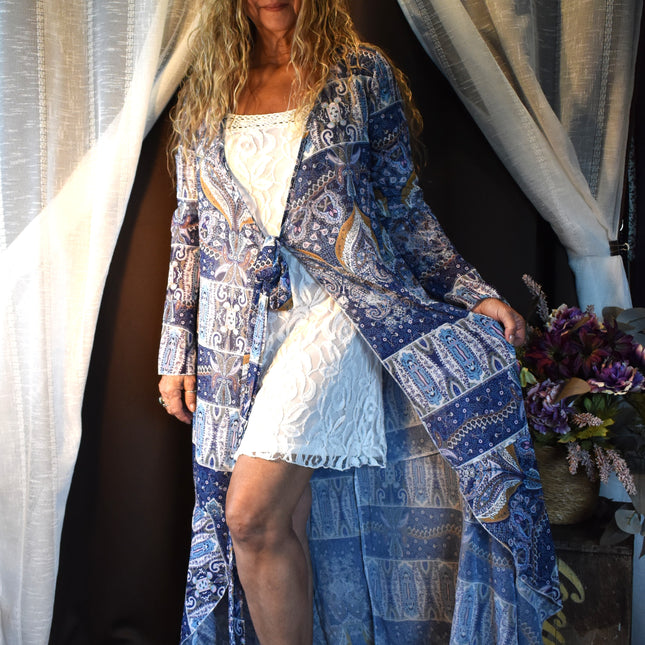 New Cia Couture Sheer Boho Patchwork Paisley Print Tie Front Maxi Duster with Long Sleeves