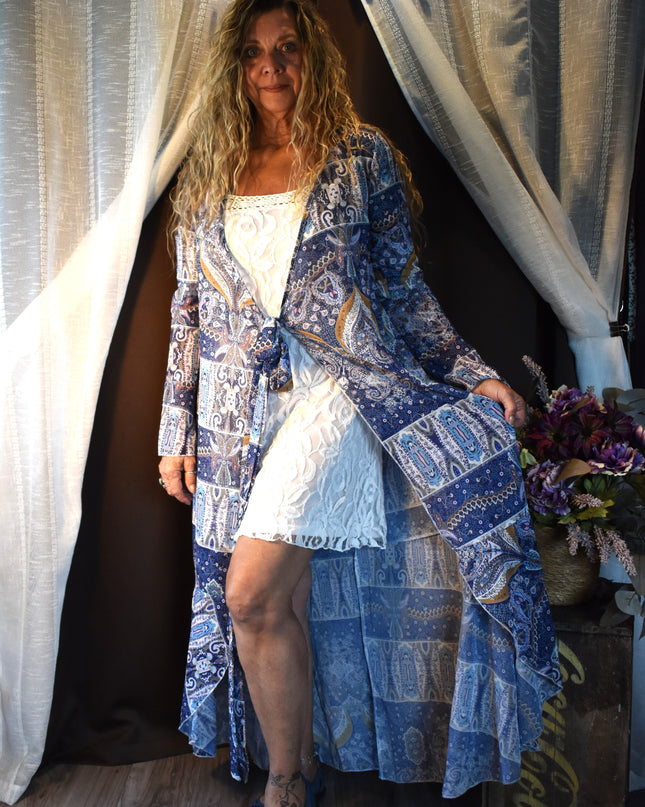 New Cia Couture Sheer Boho Patchwork Paisley Print Tie Front Maxi Duster with Long Sleeves