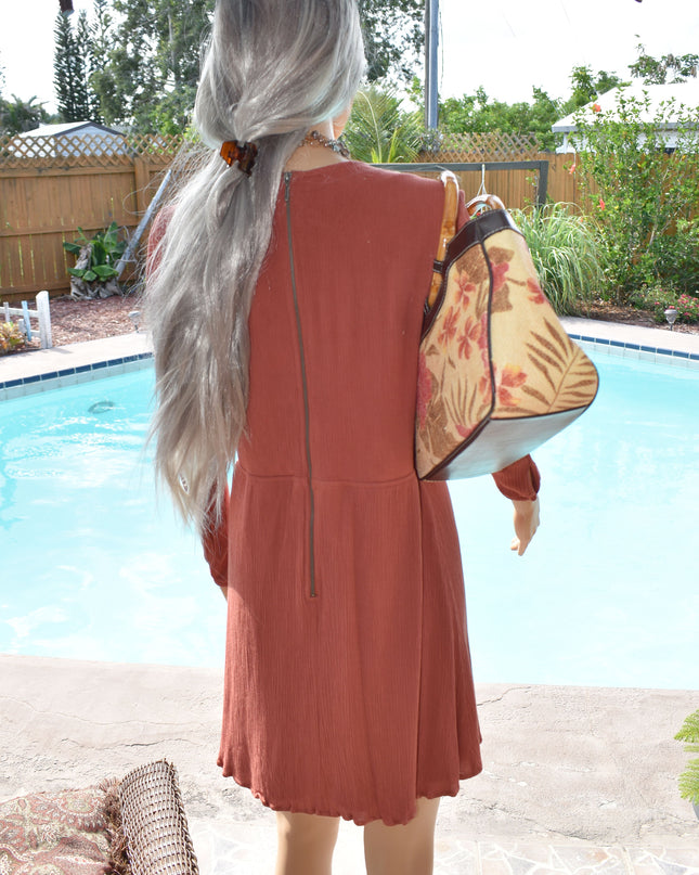Love Fire Rust Long Sleeve Mini Dress with Front Cascading Ruffles