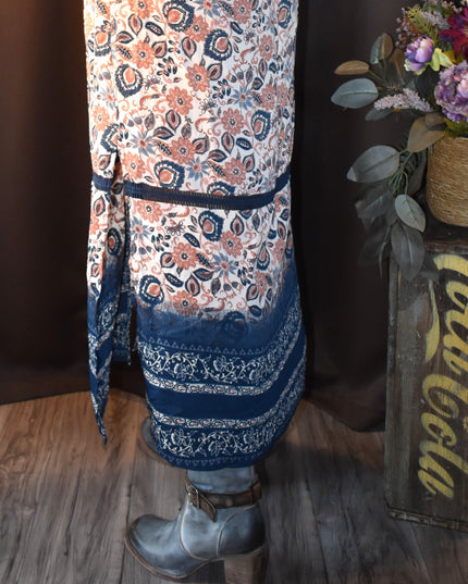 Mimi Chica Boho Paisley Multicolored Floral Button Front Collard Maxi Dress with Navy Blue Trim
