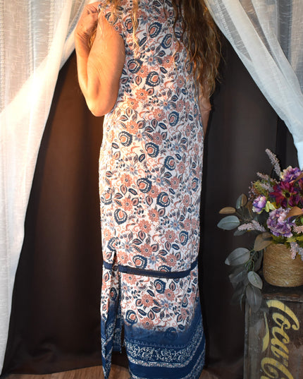 Mimi Chica Boho Paisley Multicolored Floral Button Front Collard Maxi Dress with Navy Blue Trim
