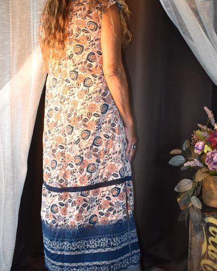 Mimi Chica Boho Paisley Multicolored Floral Button Front Collard Maxi Dress with Navy Blue Trim