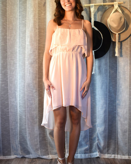 New Forever 21 Blush Pink Embroidered Ruffle Chiffon High Low Dress