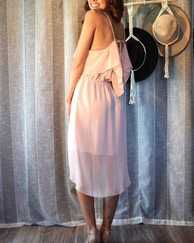 New Forever 21 Blush Pink Embroidered Ruffle Chiffon High Low Dress