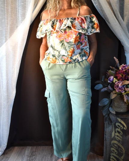 New Style House Tropical Hawaiian Floral Print Off the Shoulder Tank Top with Ruffles