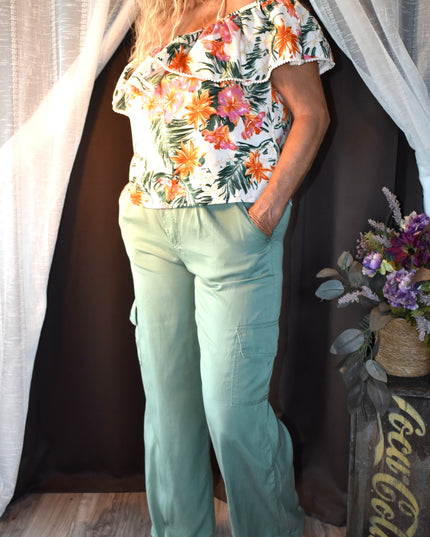 New Style House Tropical Hawaiian Floral Print Off the Shoulder Tank Top with Ruffles