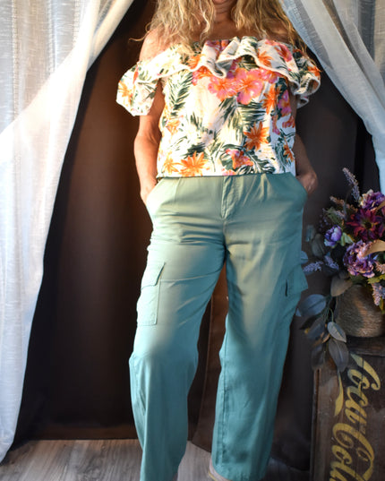 New Style House Tropical Hawaiian Floral Print Off the Shoulder Tank Top with Ruffles
