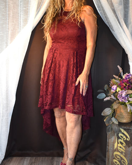 Dressy Star Romantic Burgundy Lace Halter Dress with High Low Hemline