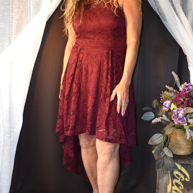 Dressy Star Romantic Burgundy Lace Halter Dress with High Low Hemline
