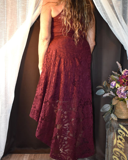 Dressy Star Romantic Burgundy Lace Halter Dress with High Low Hemline
