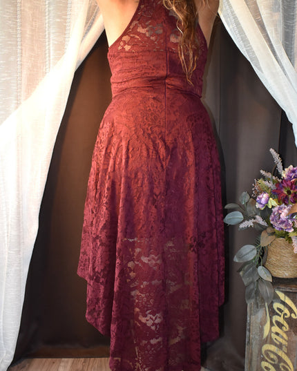 Dressy Star Romantic Burgundy Lace Halter Dress with High Low Hemline