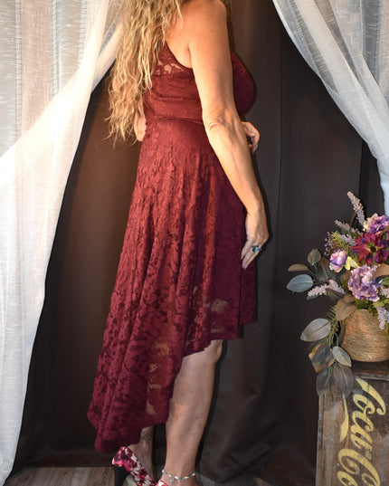 Dressy Star Romantic Burgundy Lace Halter Dress with High Low Hemline