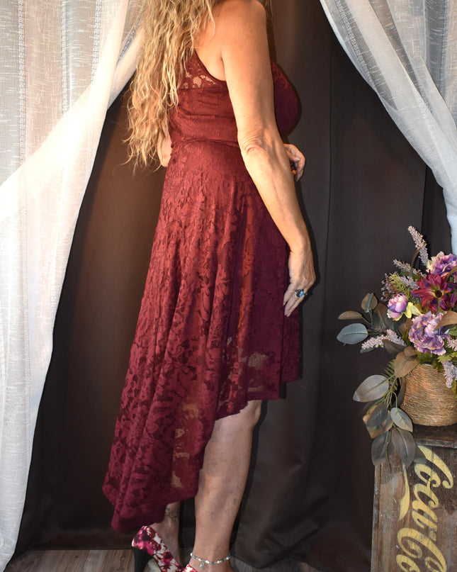 Dressy Star Romantic Burgundy Lace Halter Dress with High Low Hemline