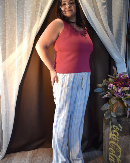 Rewash Brand Linen Striped Pants with Shirred Waist & Tie Front