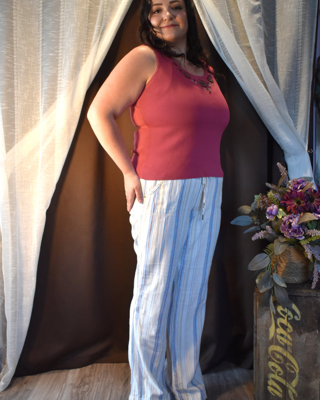 Rewash Brand Linen Striped Pants with Shirred Waist & Tie Front