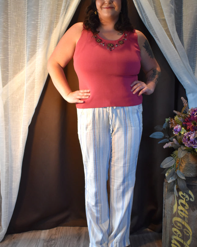 Rewash Brand Linen Striped Pants with Shirred Waist & Tie Front
