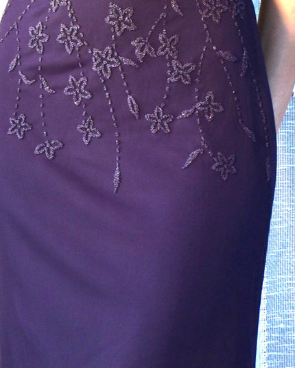 Vintage Y2k Teeze Me Purple Floral Beaded Midi Dress with Asymmetric Hemline and Cowl Back ress