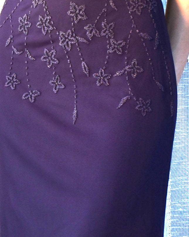 Vintage Y2k Teeze Me Purple Floral Beaded Midi Dress with Asymmetric Hemline and Cowl Back ress