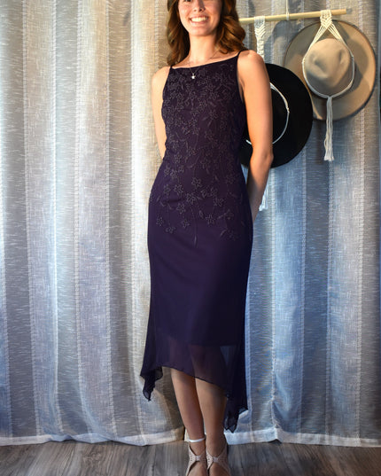 Vintage Y2k Teeze Me Purple Floral Beaded Midi Dress with Asymmetric Hemline and Cowl Back ress