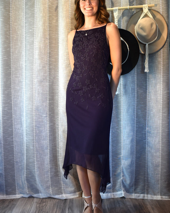 Vintage Y2k Teeze Me Purple Floral Beaded Midi Dress with Asymmetric Hemline and Cowl Back ress